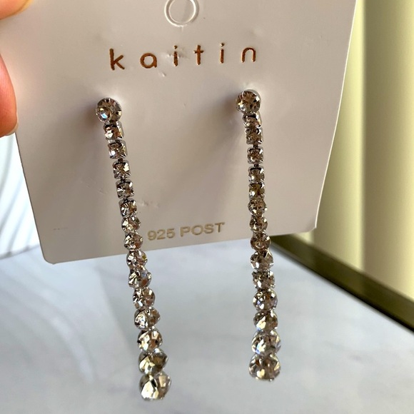 Long Rhinestone Silver Tone Earrings - Picture 4 of 8